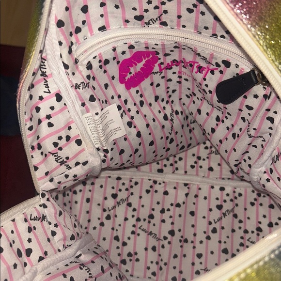 Betsey Johnson Gold and Pink Lip Print Backpack - Picture 3 of 9